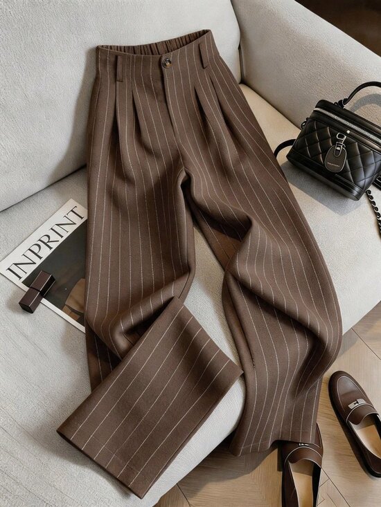 Pants - Brown Casual Women's Linen Striped Pants